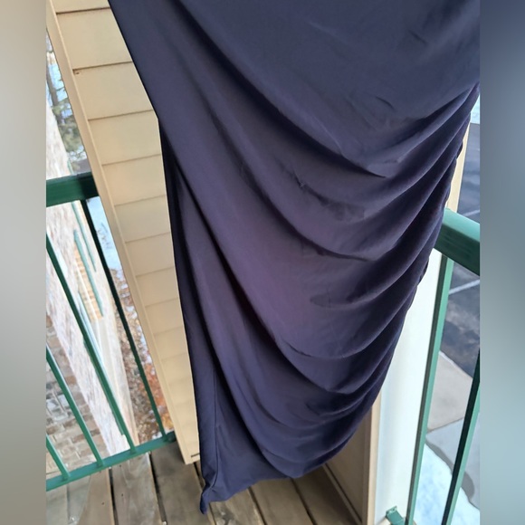 🆕Jewel Badgley Mischka Navy Ruched Sleeveless Midi Dress Size 12 Elegant Stretch - Picture 7 of 15